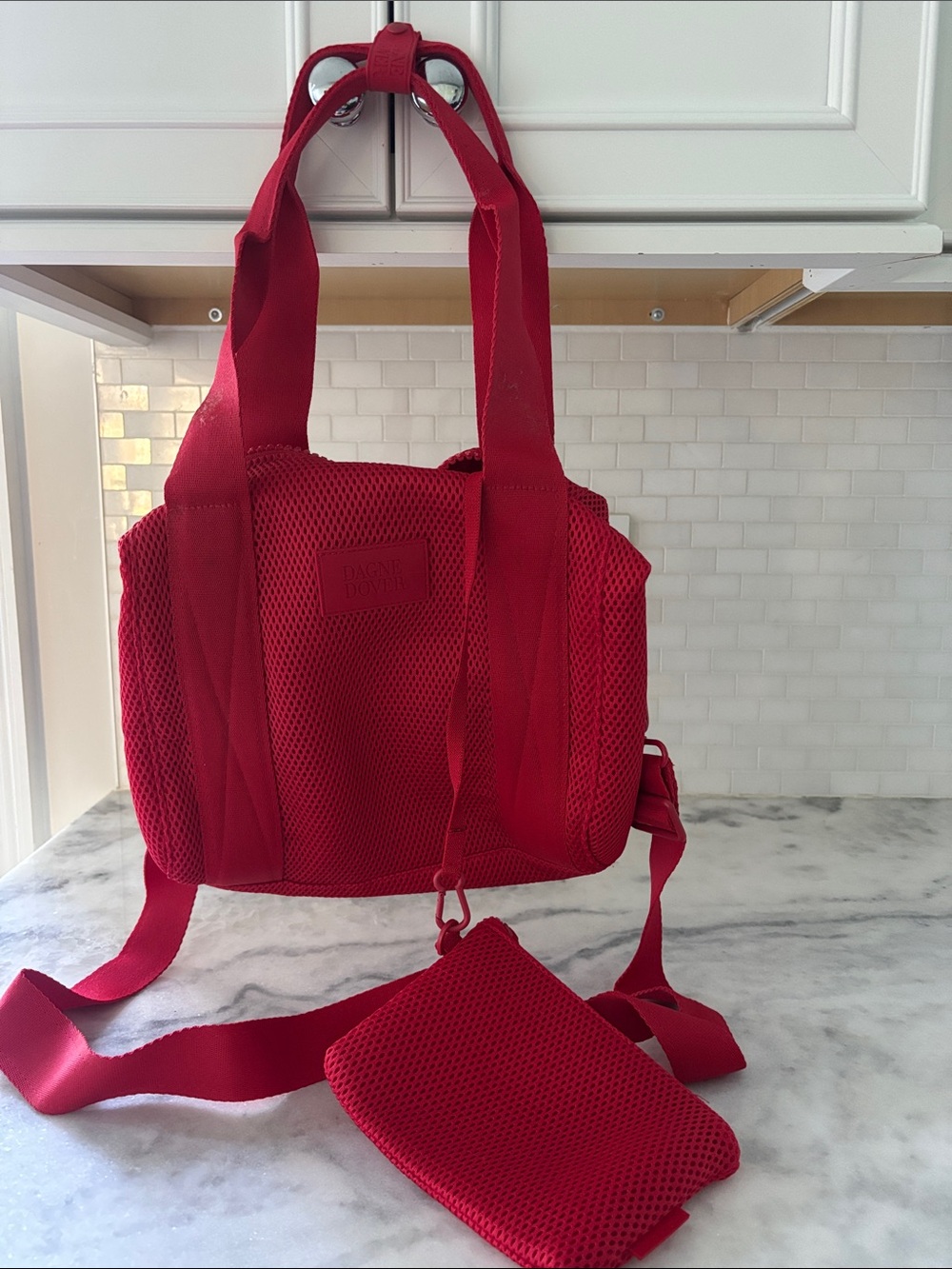Dagne Dover Red Mesh Backpack Tote with Detachable Pouch NWOT